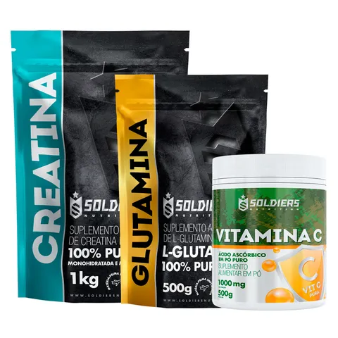 Kit Creatina Monohidratada 1Kg Glutamina 500g Vitamina C Em Pó 500g 100 Pura Importada Soldiers Nutrition