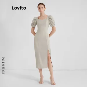 Lovito Premium Vestido Feminino Elegante Liso Decote Quadrado com Manga Bufante L37ED064 Damasco