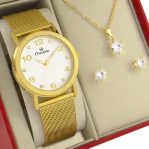 Relógio Champion Feminino Dourado Prova dágua com 1 ano de garantia e colar e brincos