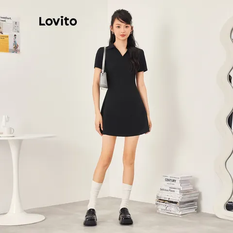 Lovito Casual Vestido Feminino Liso Mini Skatista de Manga Curta com Decote V e Gola L53AD035 Preto