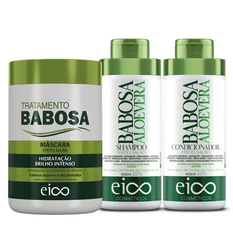 Eico Babosa Aloe Vera Shampoo Sem Sal Brilho e Condicionador Leavein 450ml Máscara Hidratação 1kg Botânico e Vegano
