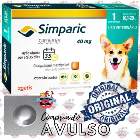 Simparic Antipulgas e Carrapatos para Cães de 101 A 20kg 40mg AVULSO 1 Comprimido ORIGINAL