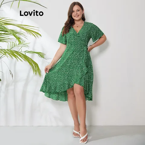 Lovito Vestido Plus Size Curve Boho Ditsy Floral Leve Respirável Texturizado LPS01017 Verde