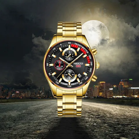 Relógios masculinos de alta marca NIBOSI Relógios de pulso dourados moda luxo quartzo cronógrafo à prova dágua