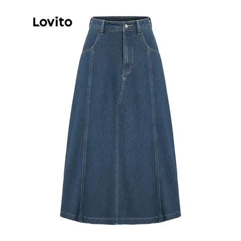 Lovito Saia Jeans Feminina Casual Lisa com Bolso Básica L37AD066 Azul