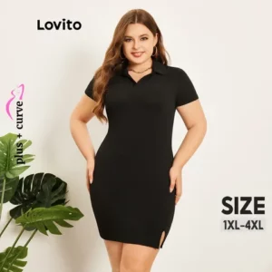Lovito Plus Size Vestido Feminino Curvas Casual Liso Com Fenda Frontal E Gola