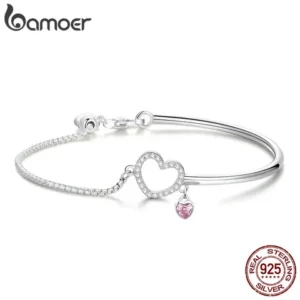 Pulseira Bamoer 925 Silver Sterling Ajustável Simples Love Heart Fashion Jewellery Para Mulheres