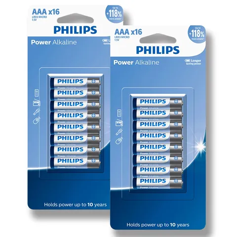 32 Pilhas Bateria AAA Palito 3A Alcalina Philips 2 Cartelas