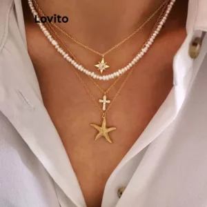 Lovito Casual Colares de Pérolas Estrela Crucifixo Starfish para Mulheres L57AD094 Ouro