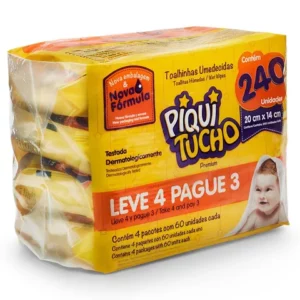 Toalha Umedecida Piquitucho Premium Leve 4 Pague 3 com 4 Pacotes de 60 Unidades cada