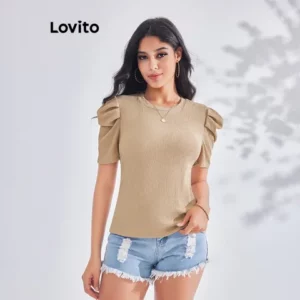 Lovito Camiseta Casual com Manga Bufante e Zíper Frontal com Bolsos para Mulheres LBE03018 Alperce