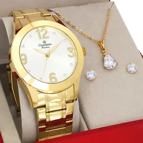 Relógio Feminino Champion Dourado Prova dágua com 1 ano de garantia e colar e brincos