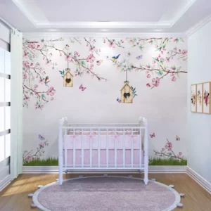 Papel de Parede Galhos de Árvore Flores e Casa de Passarinho Decora Quarto infantil de Bebê m