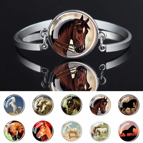 Popular Senhoras Dia Dos Namorados Pulseira Joias Presente Lindo Cavalo Vidro Cúpula Prata Bracelete Para Garotas
