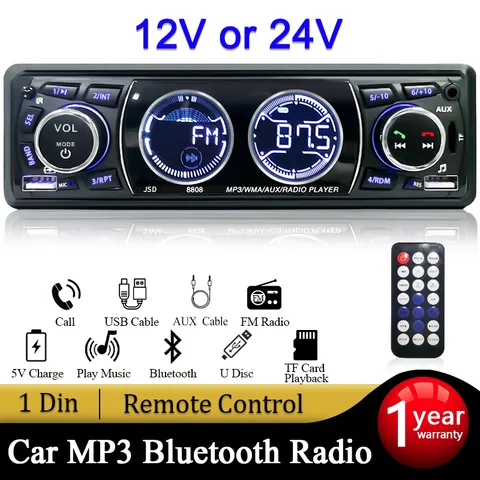 Som Automotivo Rádio De Carro Bluetooth 2 USB Pendrive MP3 Player 1 Din Auto Radio 4×60W FM