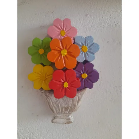 Enfeite de Parede sem Moldura Vaso 7 Flores Colorido Madeira de Eucalipto Sala Cozinha Decorativo