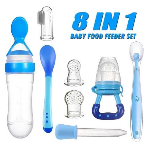 Banho e Cuidados com o Corpo Colher dosadora bebê Kit de Silicone mamadeira colher chupeta de fruta Escova de dentes Conta gotas 8 em 1 pacote de alimentação