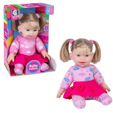 Brinquedo Boneca Baby Fofura Sortida com Cabelo Loiro em Plástico Vinil 25cm com Roupinhas Rosa 3 Anos Cotiplas 2586