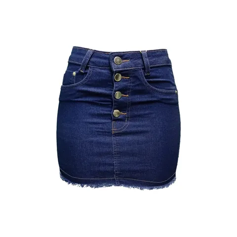 Saia Jeans Com Muitos Botões Feminina De Lycra Botão Frontal Cintura Alta Azul