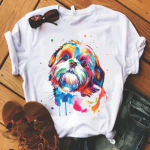 Tshirt Shtizu aquarela cão cachorro Camiseta Branca