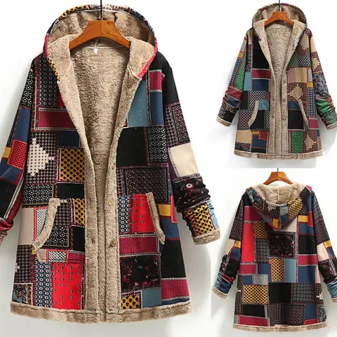 Inverno Mulheres Do Vintage Casaco Quente Impressão De Lã Grossa Com Capuz Longo Bolso Das Senhoras Outwear Solto Para As