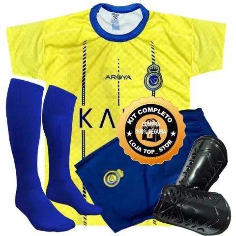 202223 Infantil Kit Cristiano Ronaldo Al Nassr CR7 Home Camisa do Time Criança Camisa de Futebol Calções Meião e Caneleira