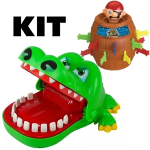 Kit 2 Brinquedos Jogo Crocodilo Jacaré Morde Dedo e Pula Pirata Barril