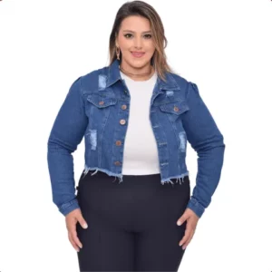Jaqueta Jeans Plus Size Feminina Barra Desfiada Sem Lycra Destroyed
