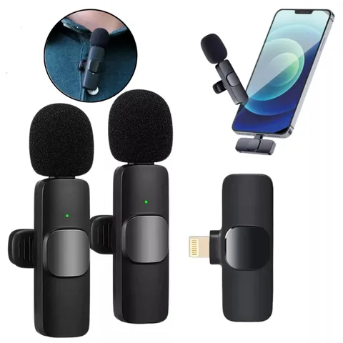 Kit 02 Microfone Lapela Sem Fio Celular Conexão Wireless Alcance 5 Metros Live Vlog Streaming Reunião Vídeos Portátil Android
