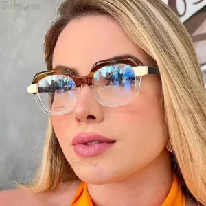 Óptica RetroRedonda AntiLuz Azul Óculos Quadrados Para Moda Feminina Moldura De Dupla Cor Lente Clara Leitura De