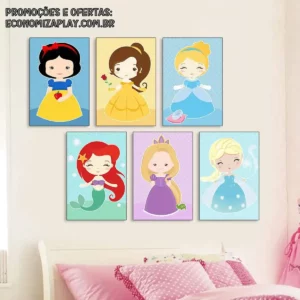 Quadrinhos Princesas Quarto Menina Kit 6 Peças 20x30cm