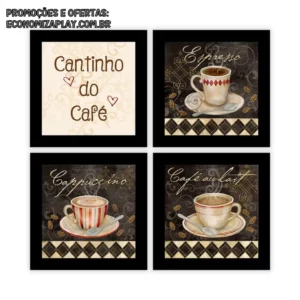 kit Quadros Decorativo 4 peças Cantinho do Café Cozinha Xícara Capuccino Coffee