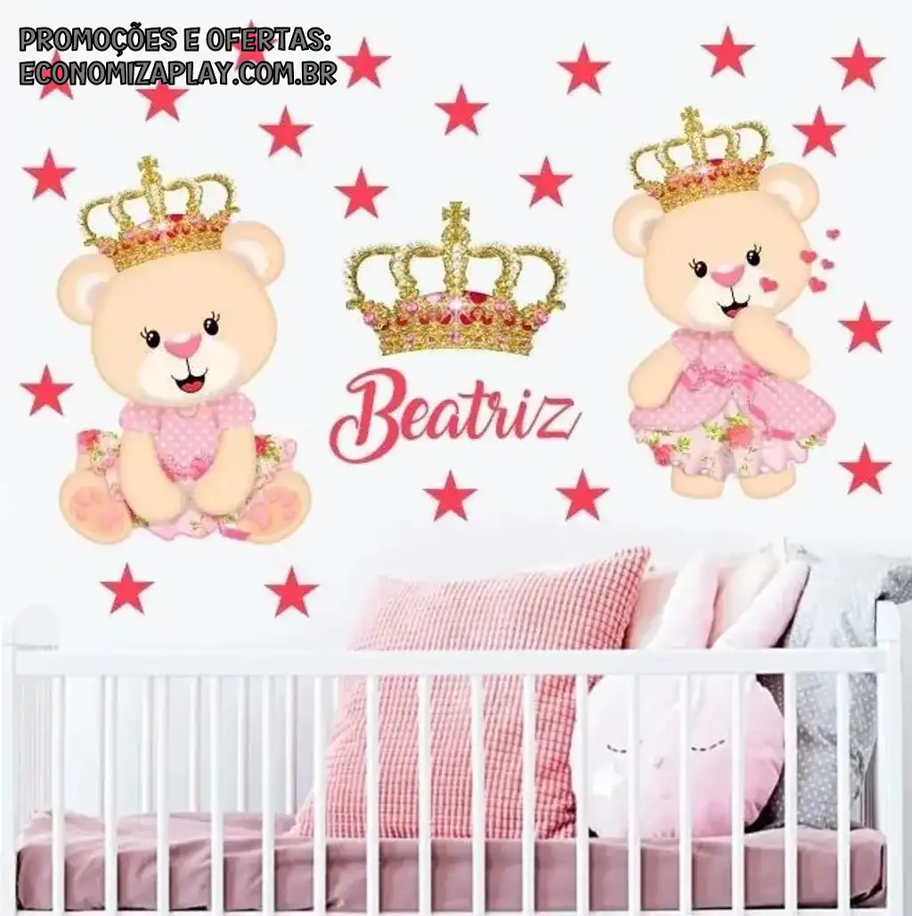 Adesivo De Parede Infantil Ursinha Princesa Rosa Pink Nome