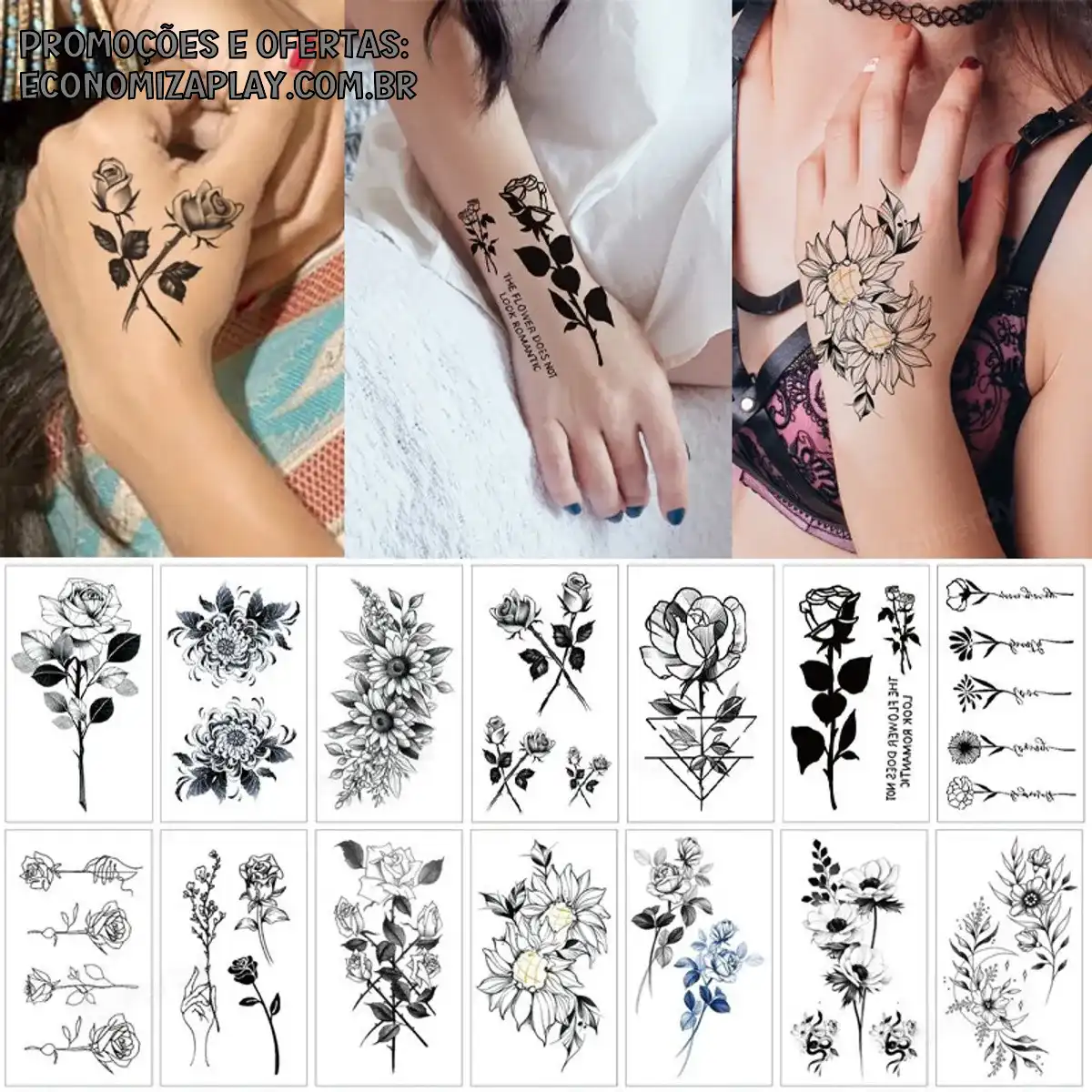 12PcsSet Autocolante Temporário À Prova Dágua Pequeno Rose Daisy Peony Flash Tatoo Flower Hand Ankle Wrist Fake Tatto Para Arte Corporal