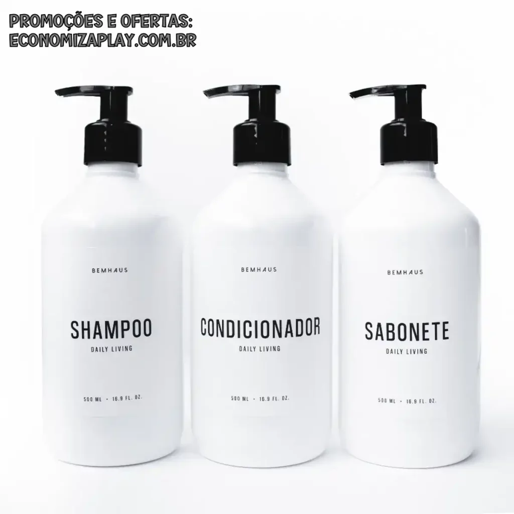 Kit 3 Peças Dispenser Frasco Branco Shampoo Condicionador Sabonete Pet Plástico Bemhaus 500 Ml