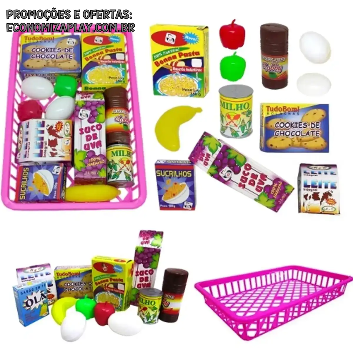 Kit Cesta Mini Mercado Comidinhas Brinquedo Infantil 13 pcs