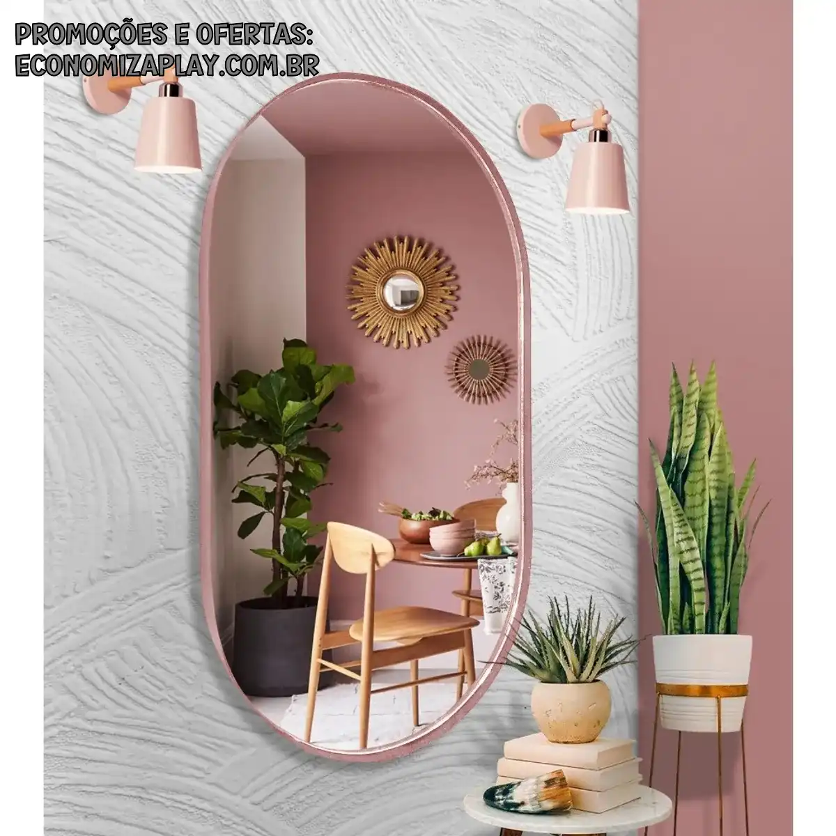 Espelho Oval Decorativo Moderno 76x43 rosa claro