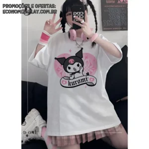 Camiseta Kuromi Anime Japonês Desenho Camisa Feminina T Shirt Blusa Algodão Poliester