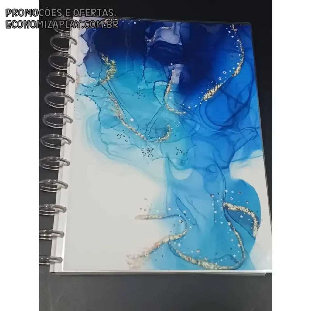 Caderno InteligenteCaderno de disco capa mármore branco com douradoazul com lilasazul marmore