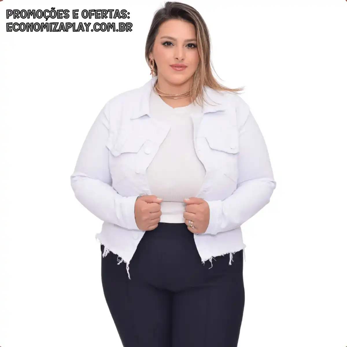 Jaqueta Jeans Plus Size Branca Feminina Curta Com Lycra Desfiada