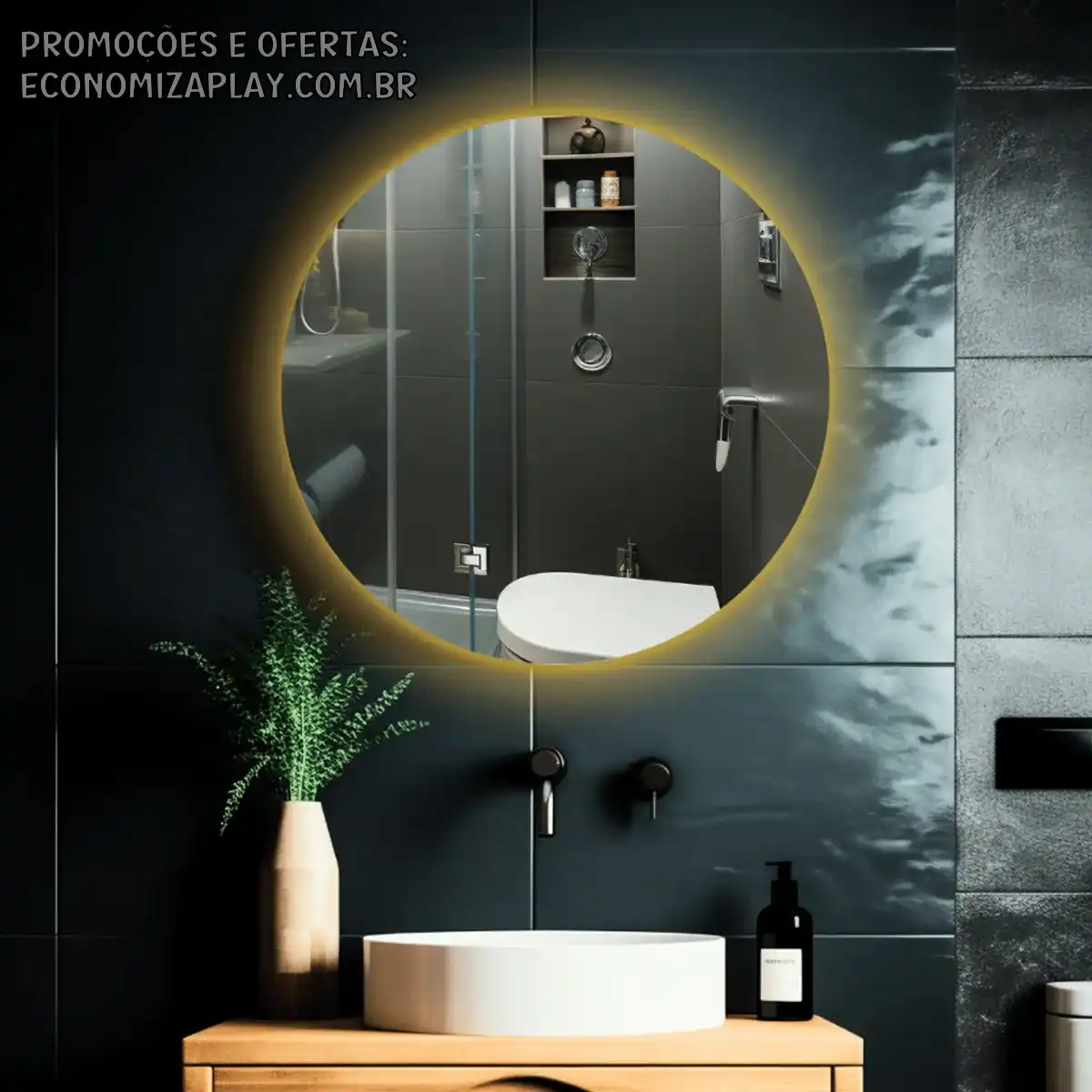 Espelho Redondo 60cm Com Led Luz Circulo Com Fonte 12V Banheiro Quarto Decorativo Lapidado Moderno