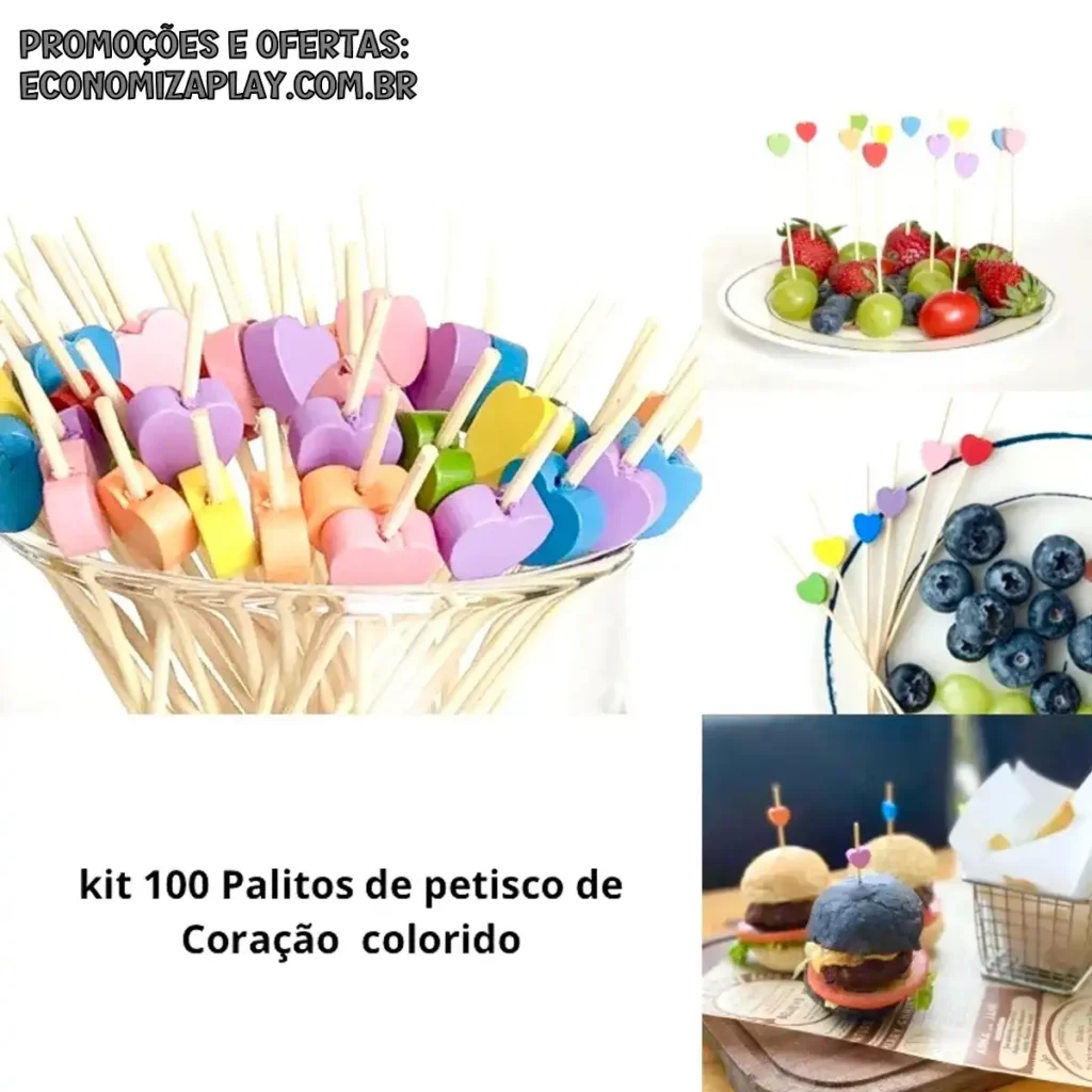 Kit 100 Palitos de Bambu Para Petisco Decorado Coração colorido 12cm