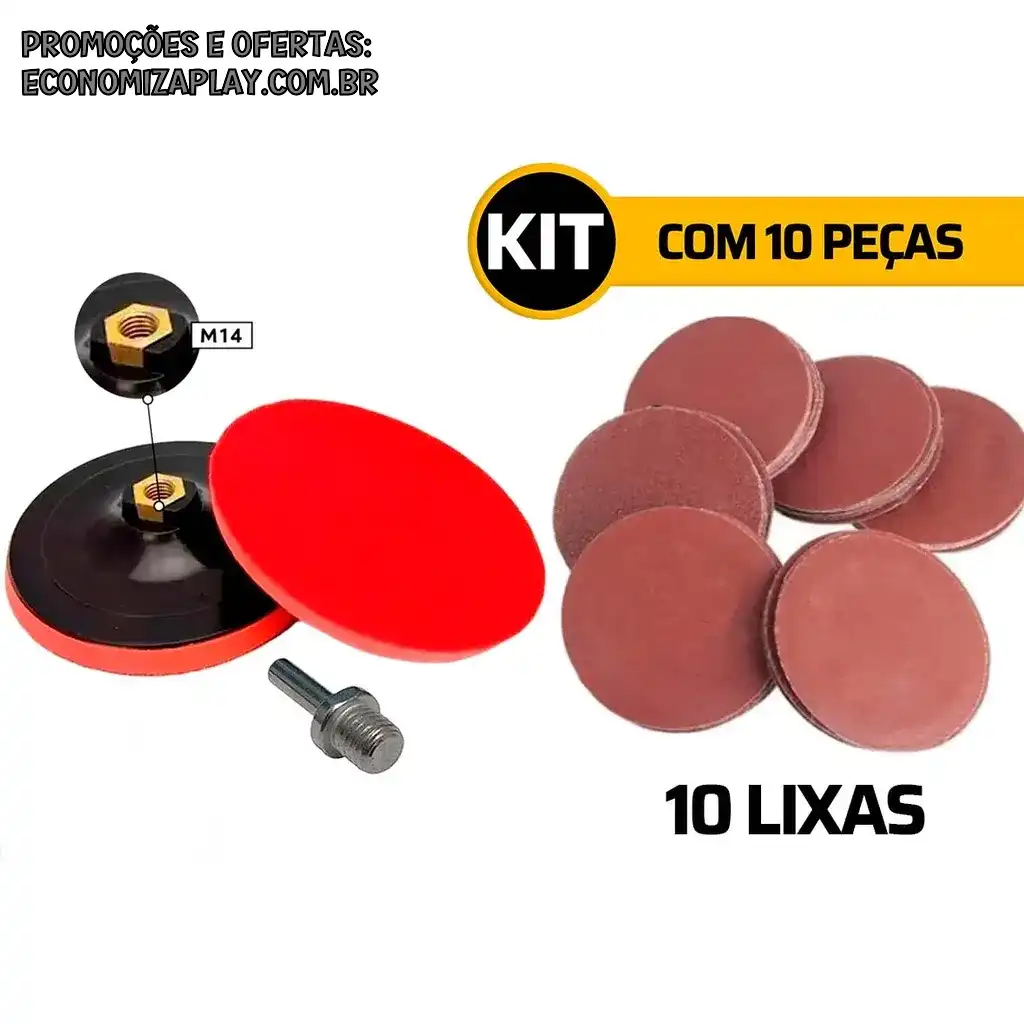 Kit suporte para disco lixa com base aderente 125mm com adaptador para furadeira 10 discos de lixa com base aderente