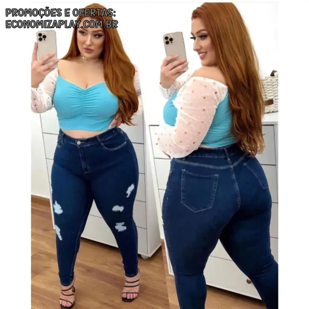 Calça Jeans Plus Size Feminina Com Lycra elastano Destroyed Rasgadinha