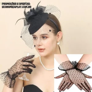 wellbeingsbr 2pcs Ladies Yarn Veil Hat Wedding Cocktail Party Mesh Gloves for Tea Party