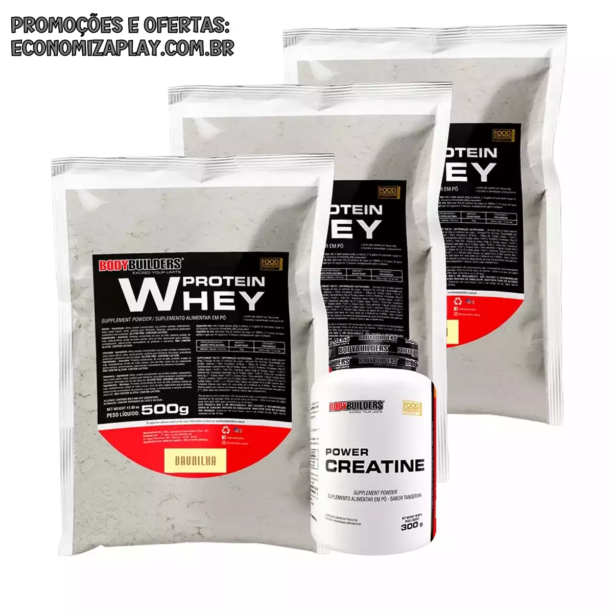 Kit 3x Whey Protein Concentrado em Blend Proteico 500g Power Creatina 300g Ganho de Massa Muscular Magra Bodybuilders