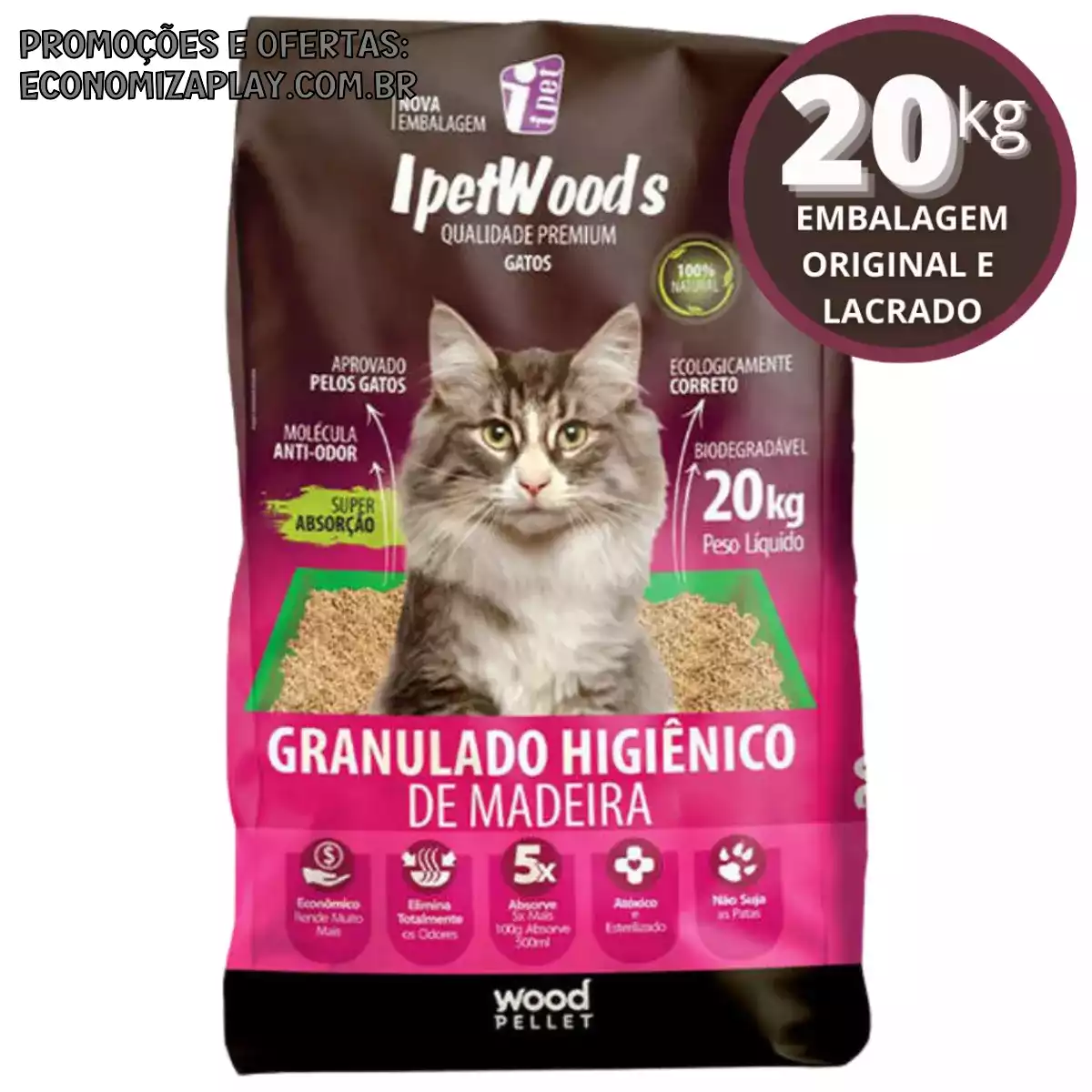 Granulado Higiênico De Madeira Biodegradável Para Gatos IpetWoods 20kg