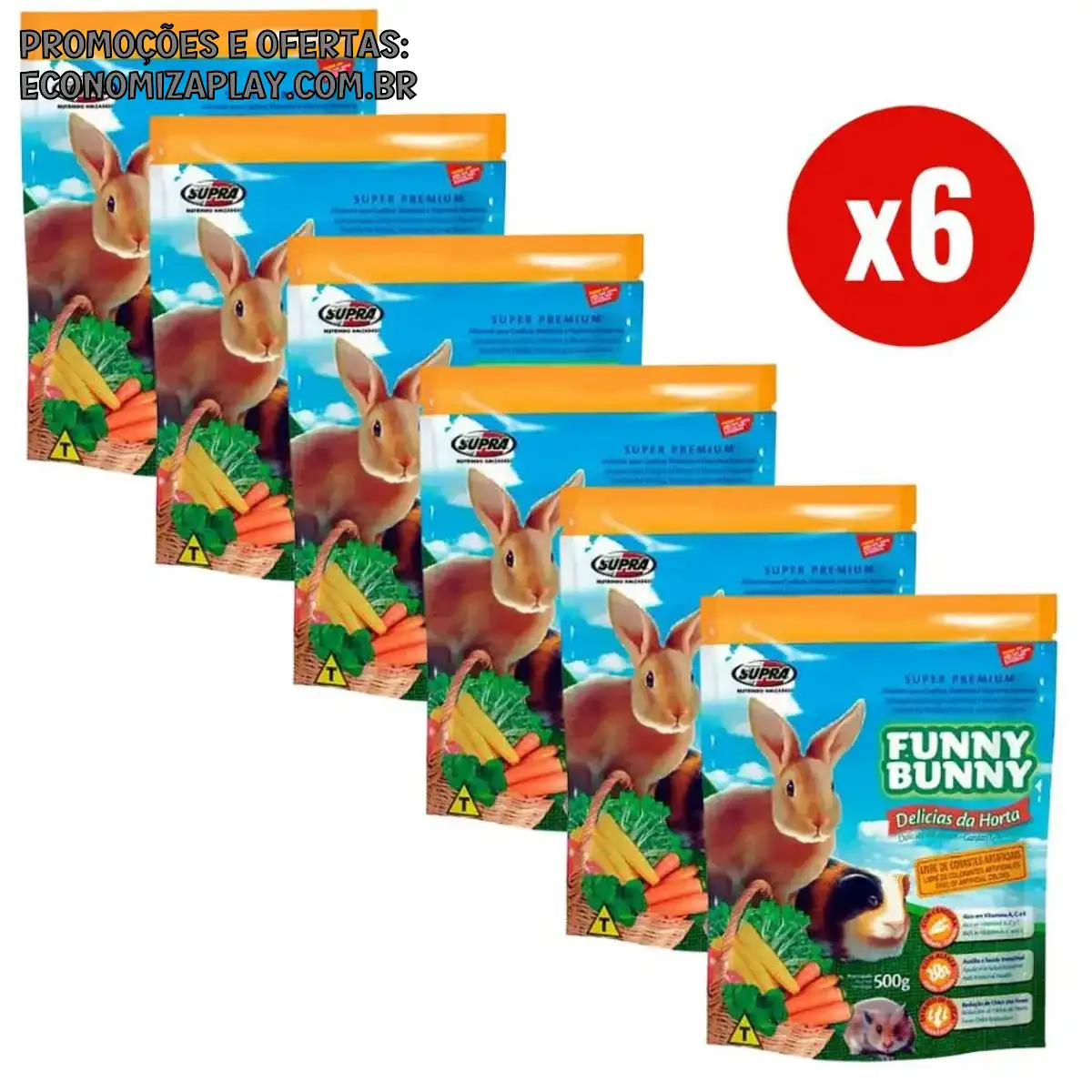 Kit 6 Funny Bunny Delícias da Horta 500g Ração para Coelhos e Roedores Supra
