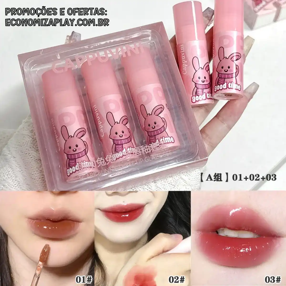 GECOMO Cute Conjunto De Esmaltes Espelhados Para Os Lábios Do Coelho Pink Bunny Scarf Water Glow Lip Gloss