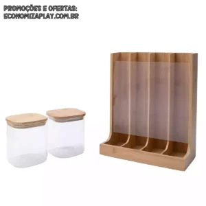 Kit com 2 potes de vidro com tampa de bambu 800ml e porta cápsulas de bambu Oikos